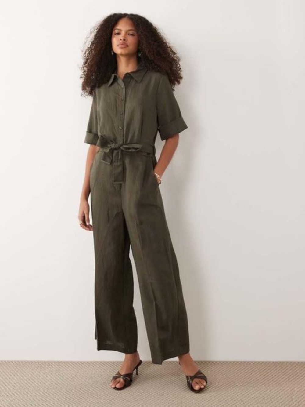 NWT Mango Short Sleeve Tie Waist Utility Jumpsuit Khaki XS